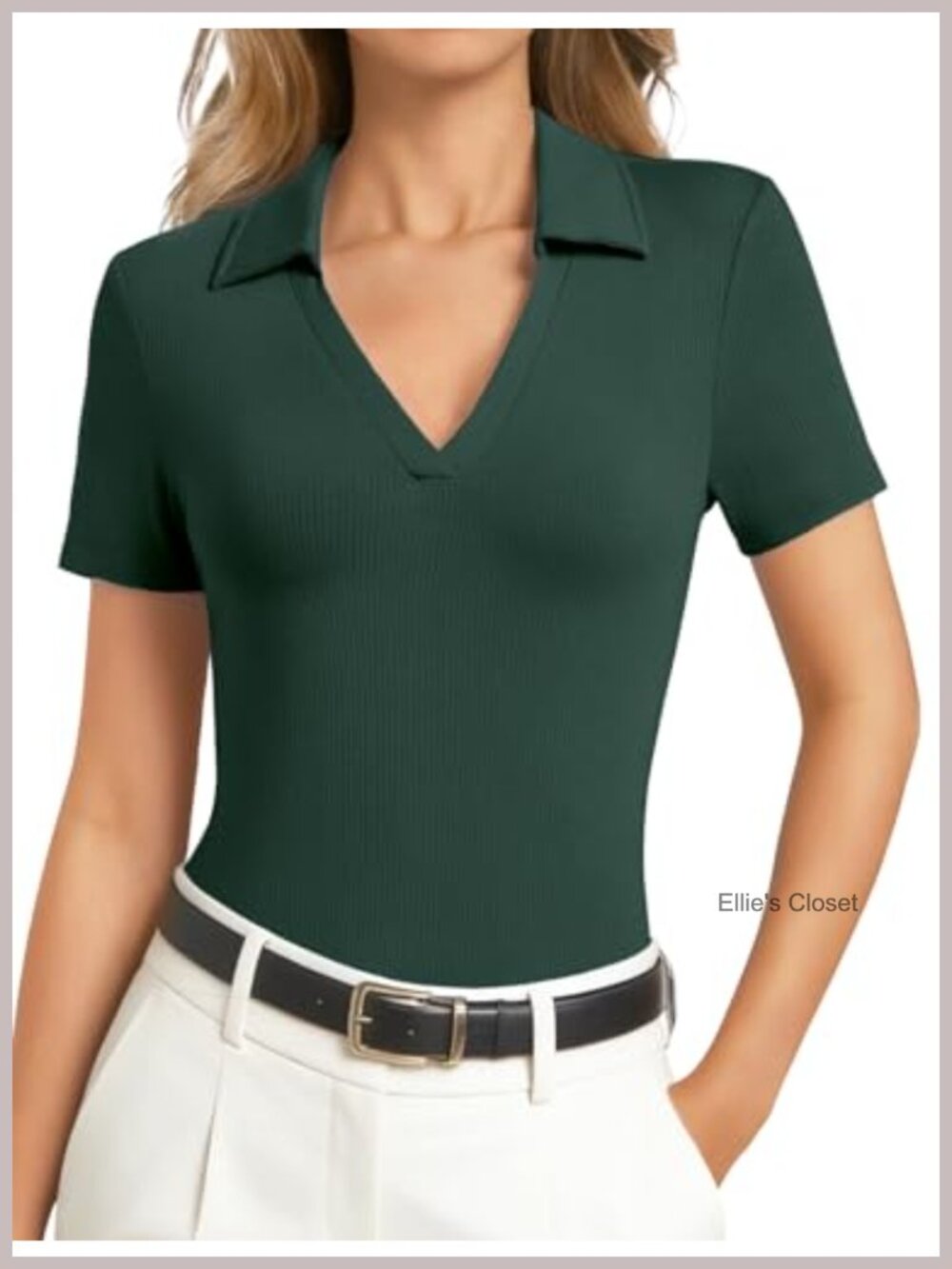 Women's Slim Fit Ribbed Knit Polo Shirt V-Neck Short Sleeve Business Casual